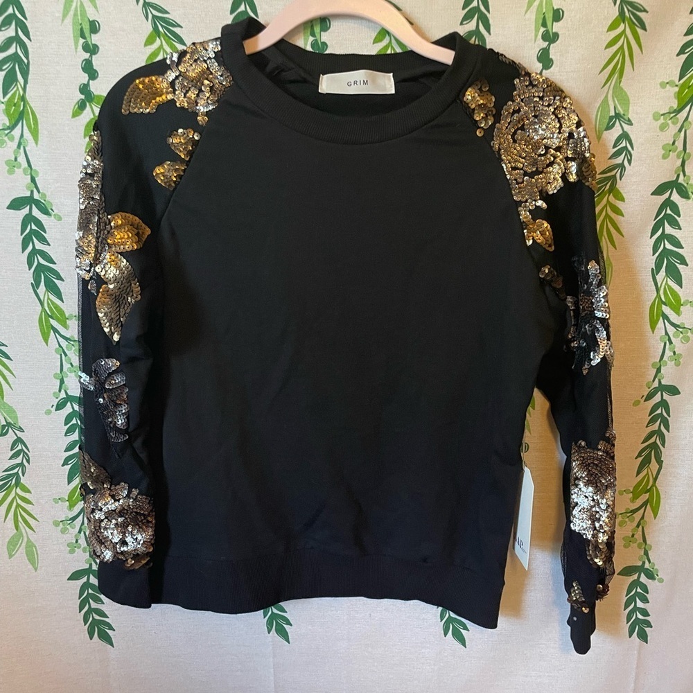 NWT GRIM Crewneck Sweatshirt with Sequin Designs on Sleeves B1